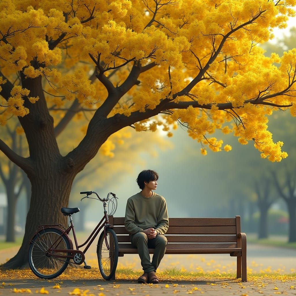 Serene Asian Youth Surrounded by Vibrant Jacaranda Blooms in...