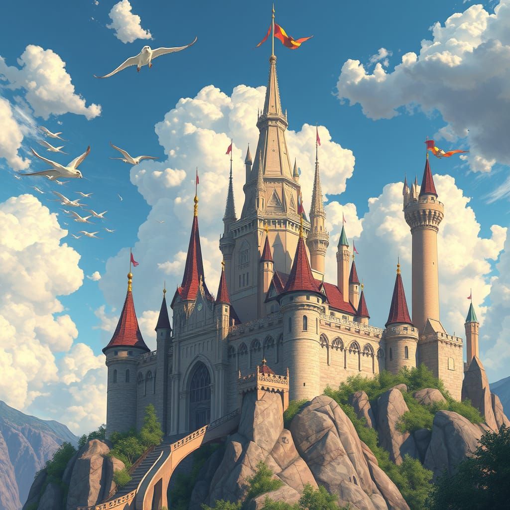 Floating Castle in Clouds with Rainbow, Digital Art