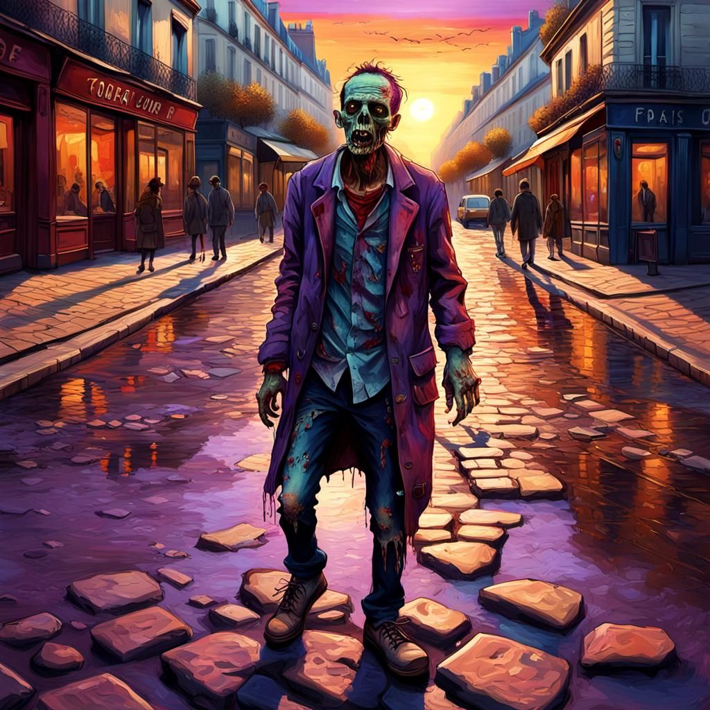 Zombie in Paris Street at Sunset: Digital Art