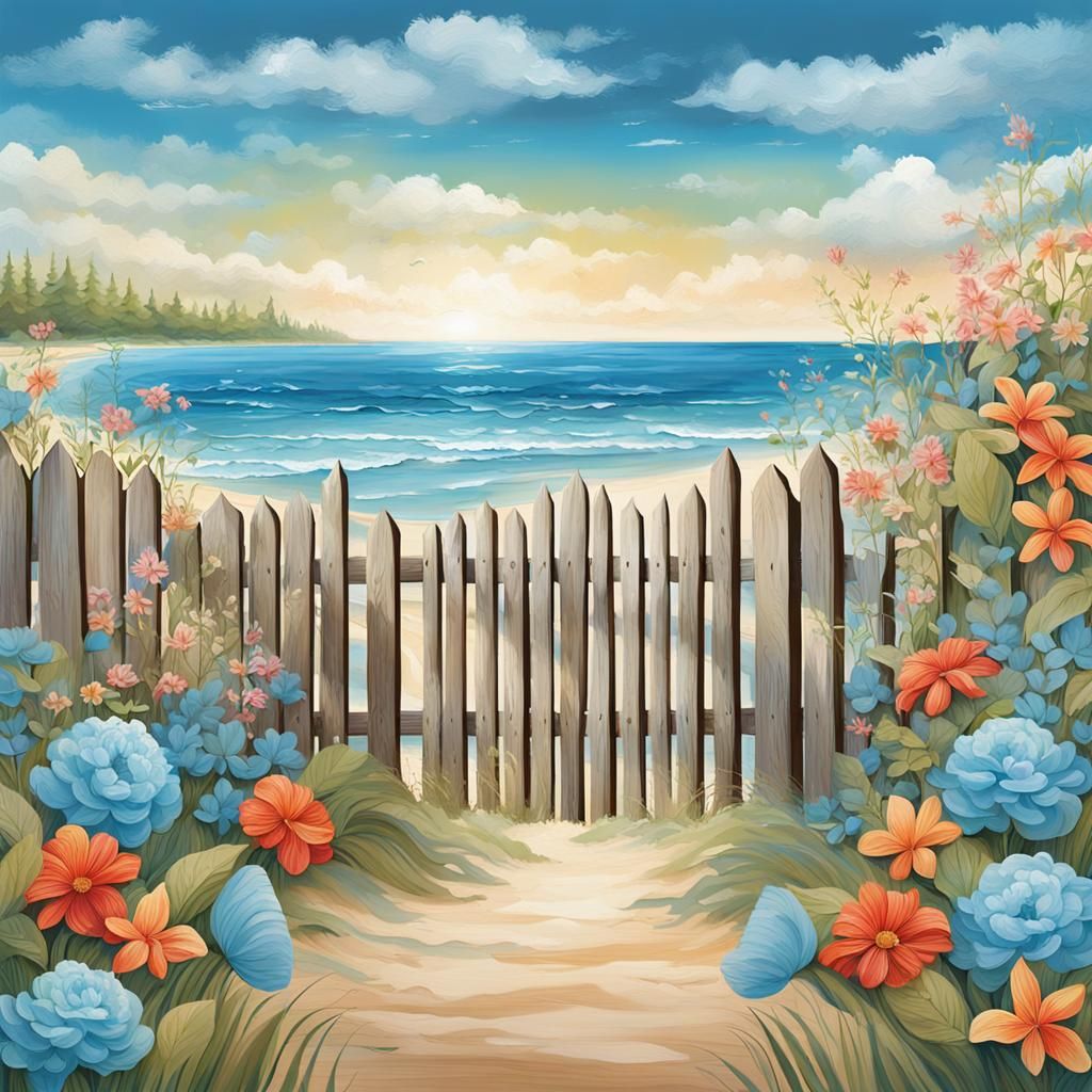 Beach Scene with Floral Elements in Alcohol Ink Style