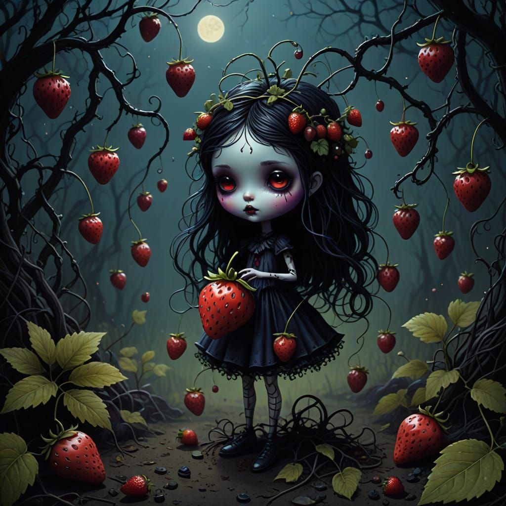 Strawberry Cycle in Dark Whimsy, Pop Surrealism Style