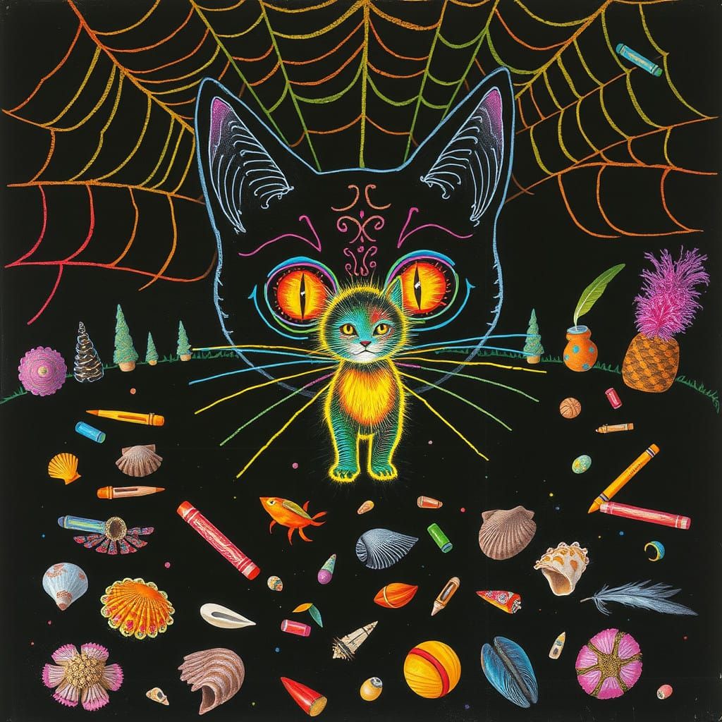 Whimsical Cat in Colorful Crayon Landscape