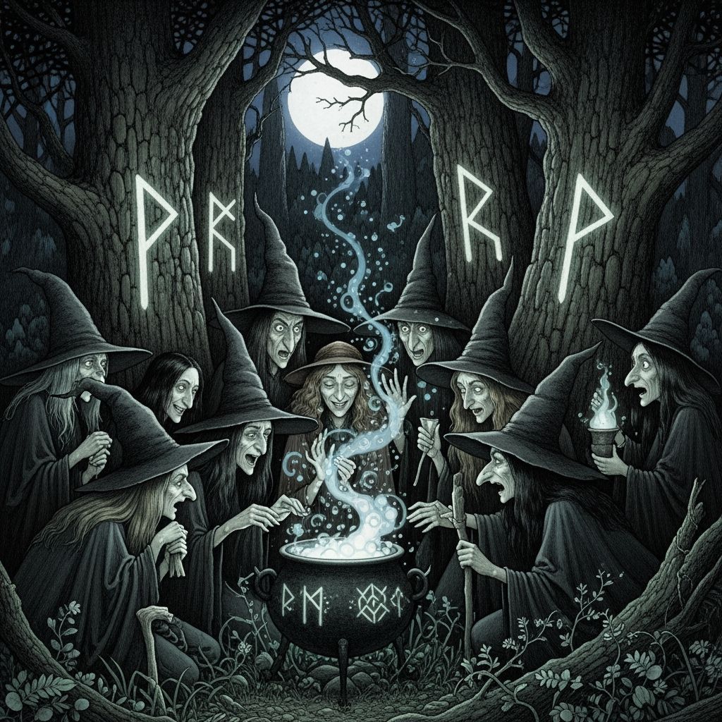 Witches Coven Moonlit Clearing Dark Fairytale Illustration
