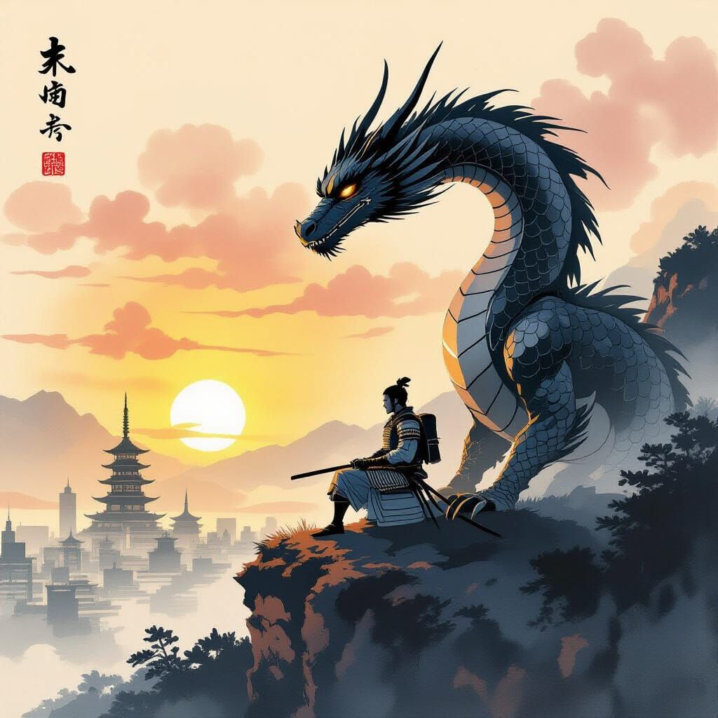 Ancient Dragon and Samurai by Futuristic City