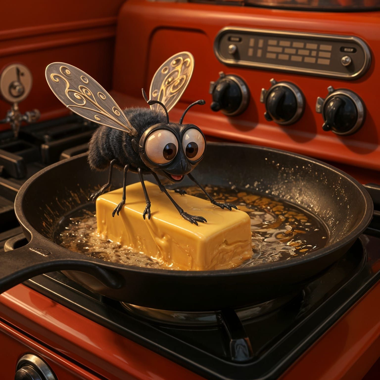 Pixar-Style Fly Character on Melting Butter