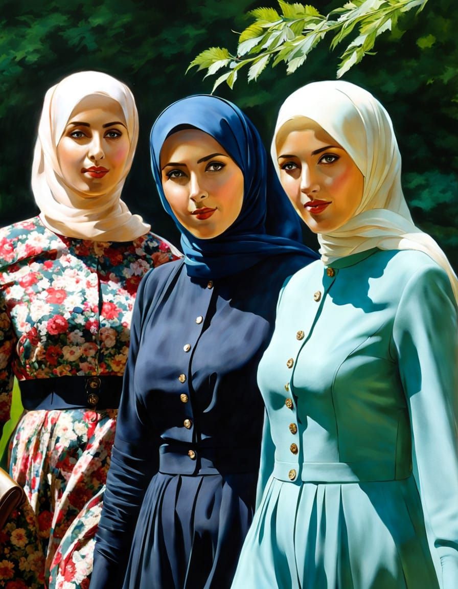 German Hijabi Girls in Floral Summer Dresses, Oil Painting