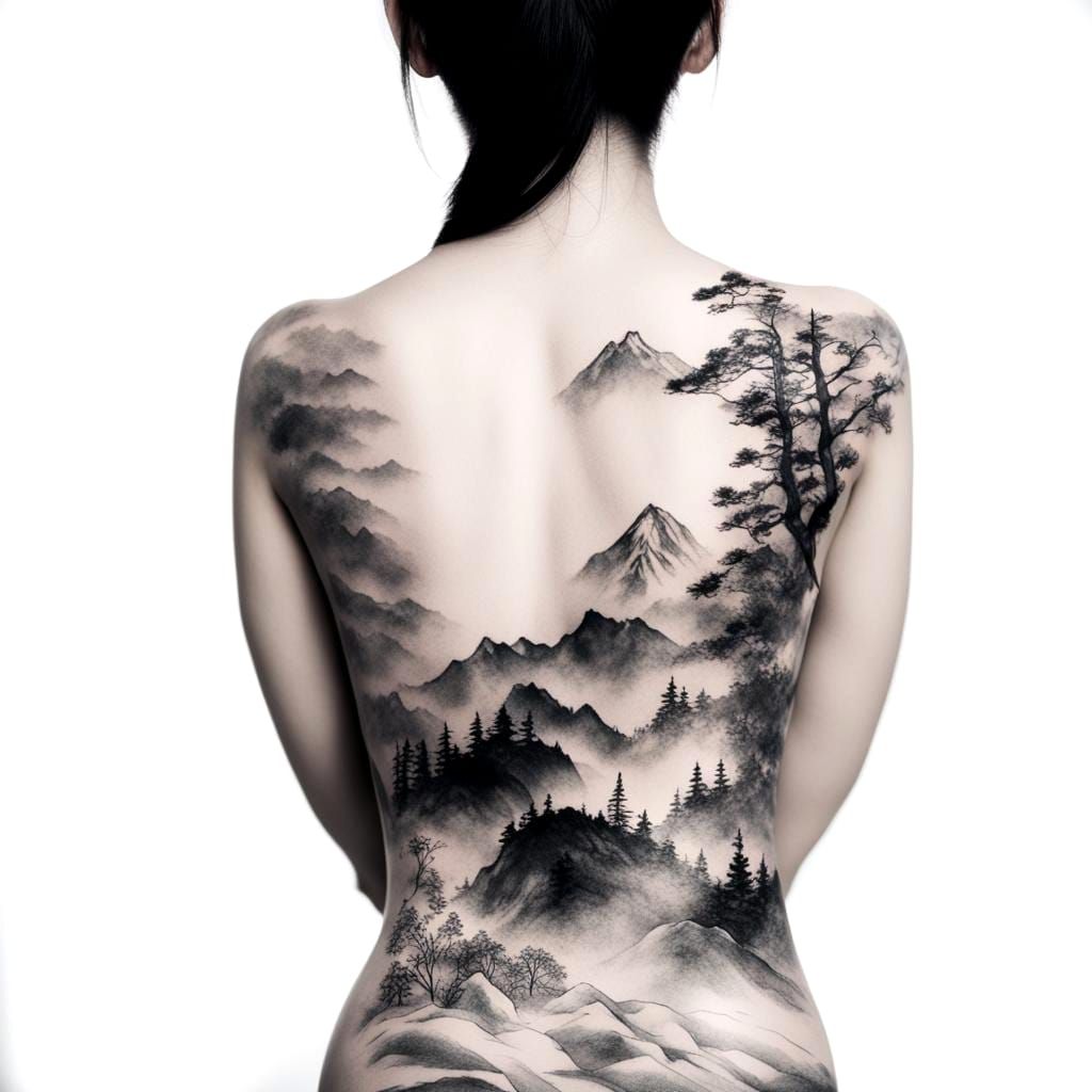 Mountain Landscape Tattoo in Japanese Ink Style