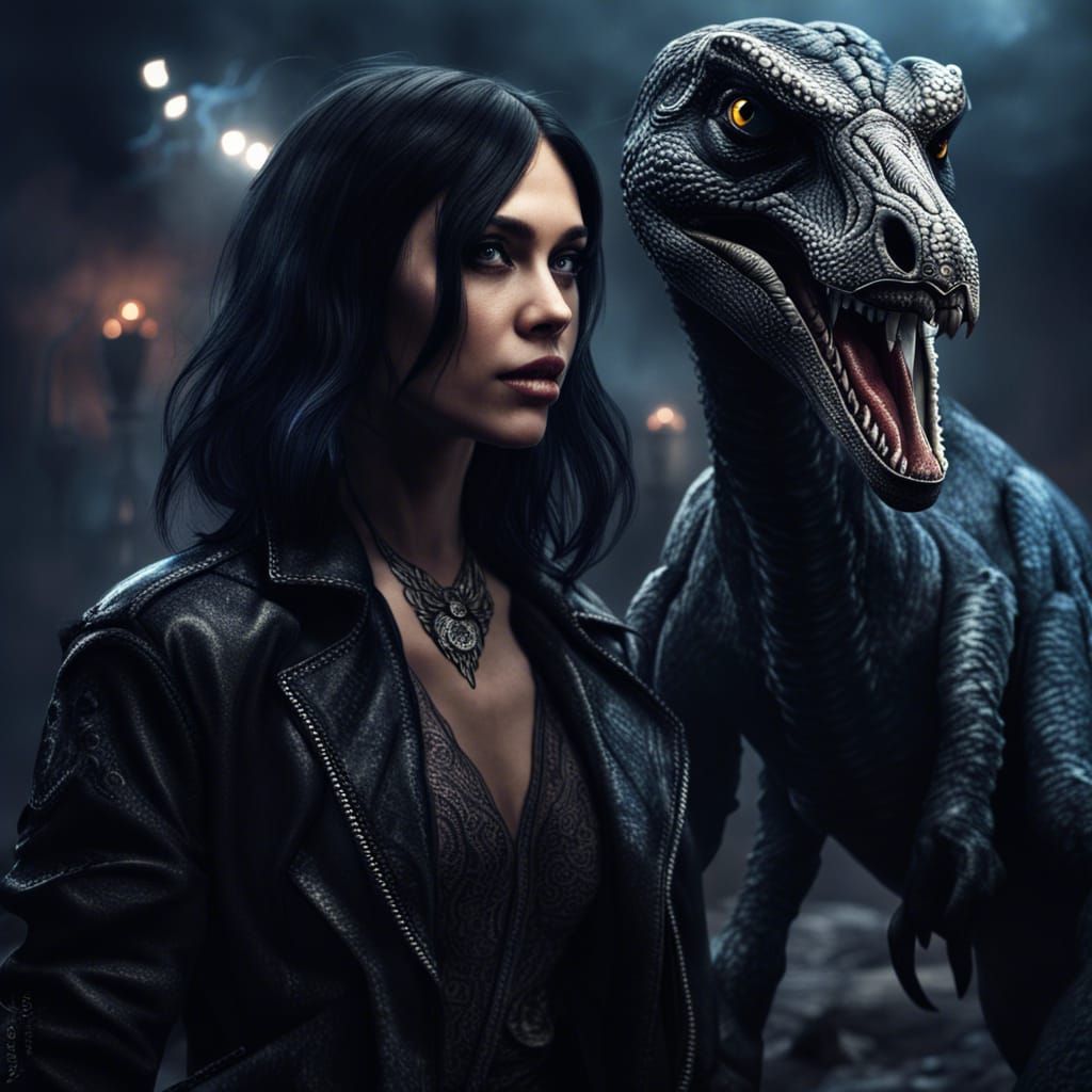 Velociraptor Protecting Gothic Girl in Noir Style