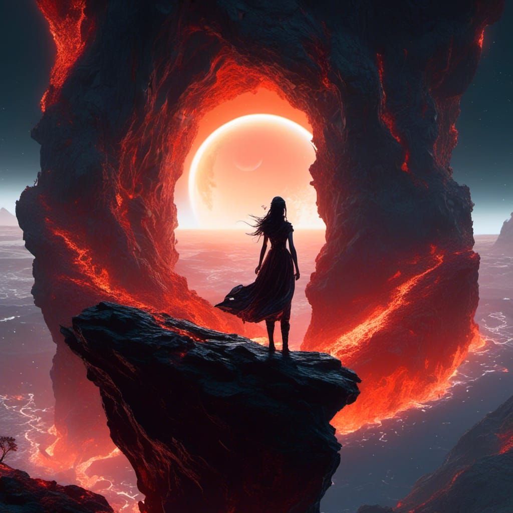 Girl on Lava Cliff Stares at Solar Eclipse