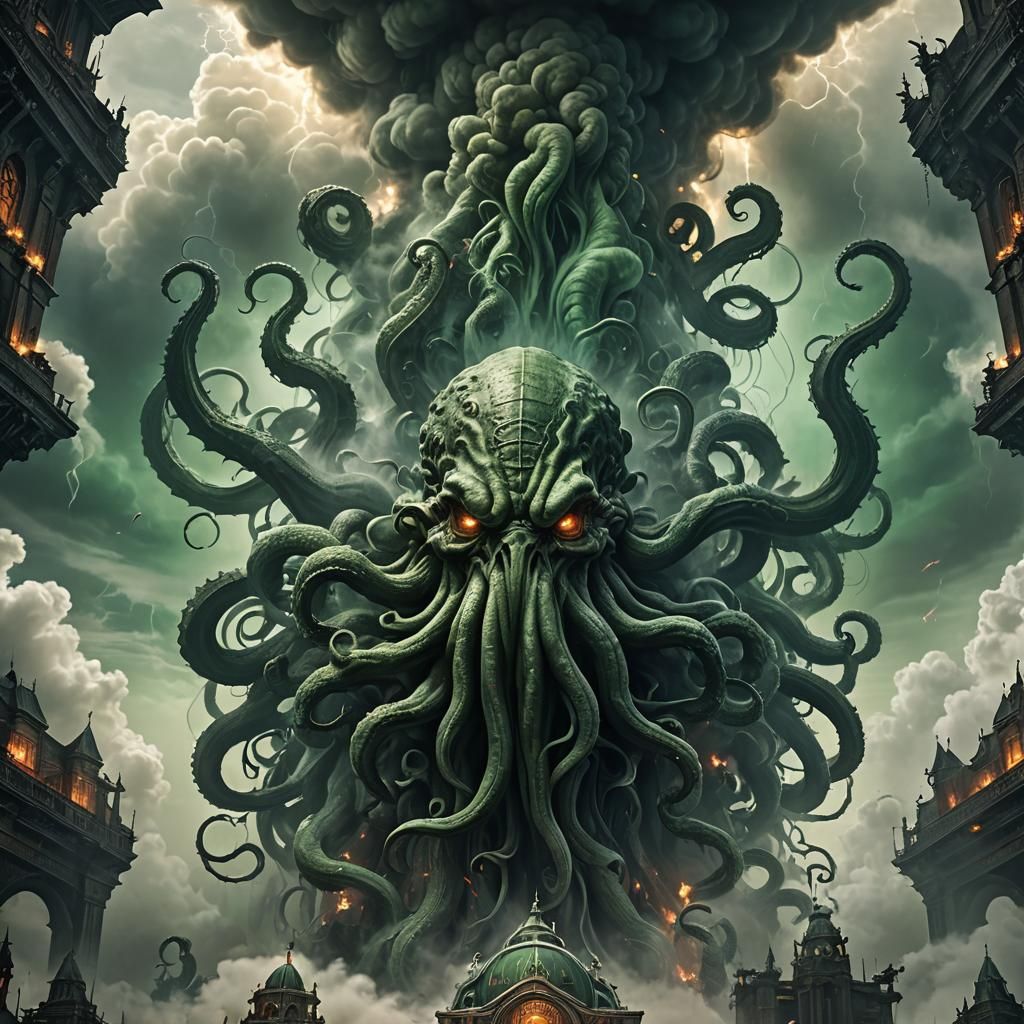 Cthulhu Emerges from Smoke: A Digital Painting