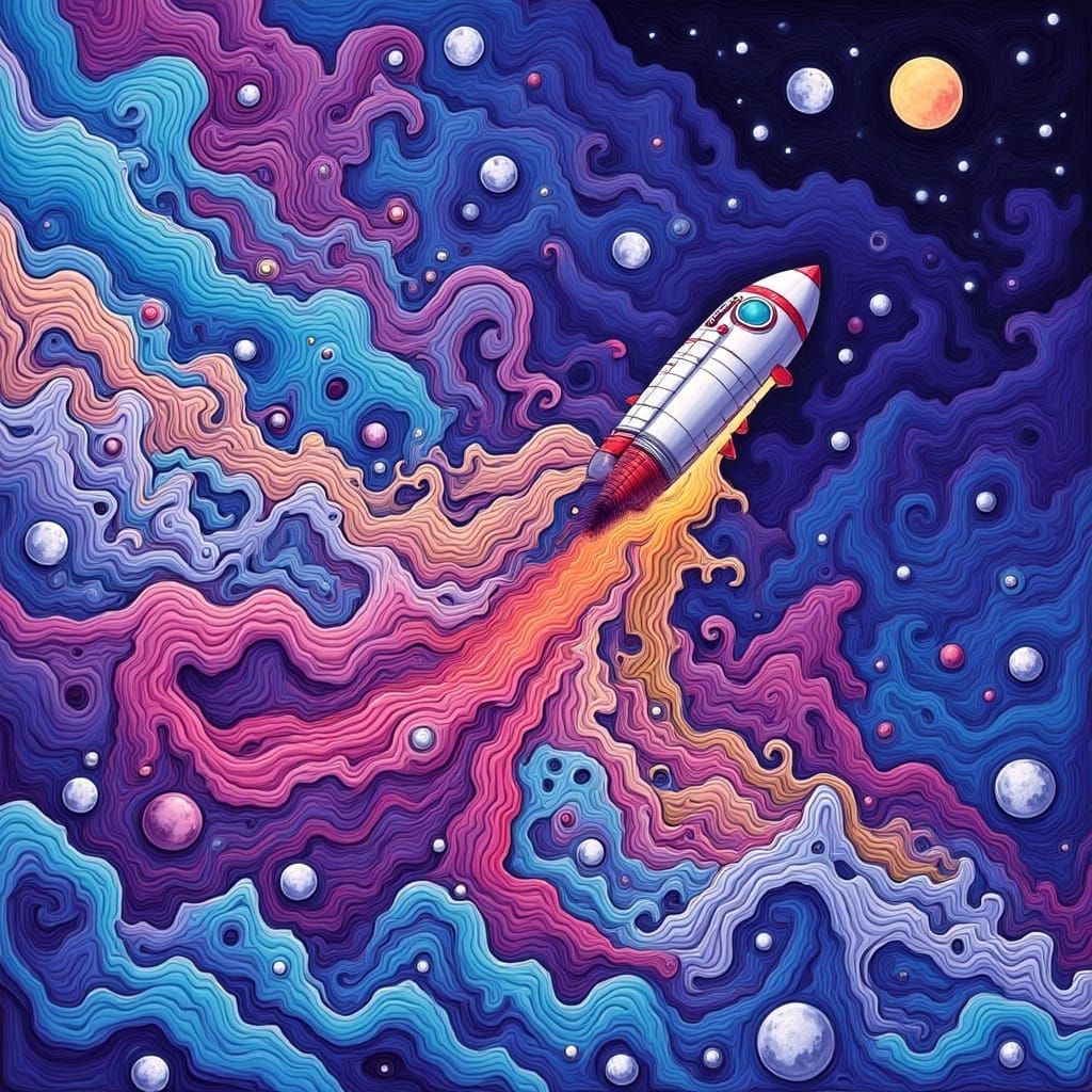 Surreal Rocket Soars Through Dreamlike Moonscape