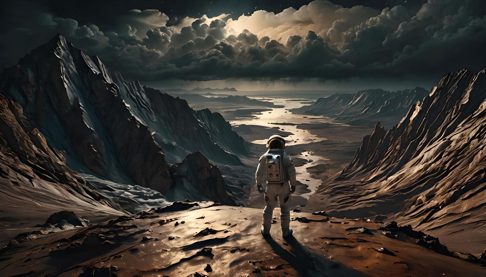 Astronaut Overlooking Venus Storm, Cinematic Film Still