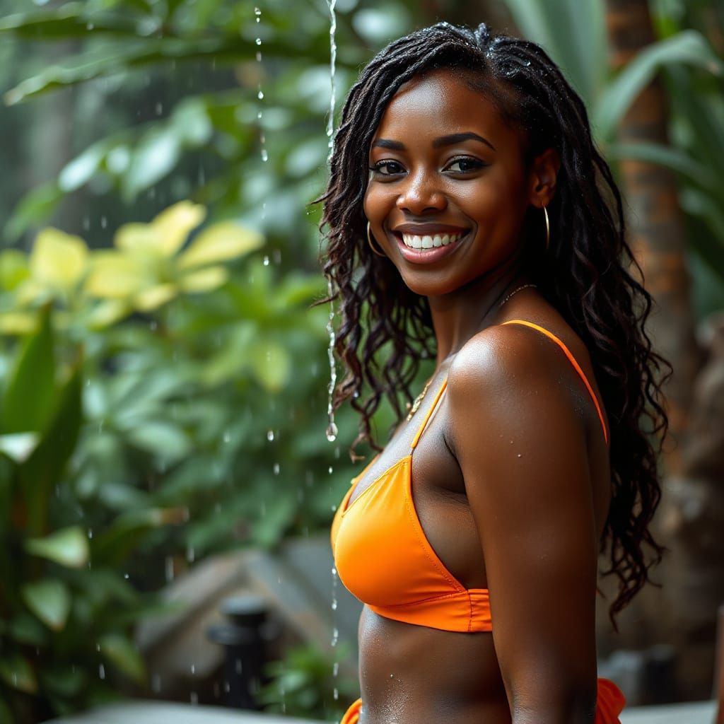 Smiling Woman in Rain, Photorealistic Style