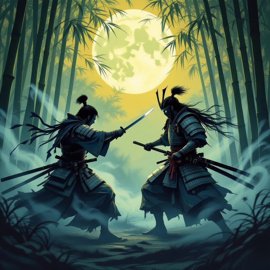 Samurai Duel in Haunted Forest, Digital Painting