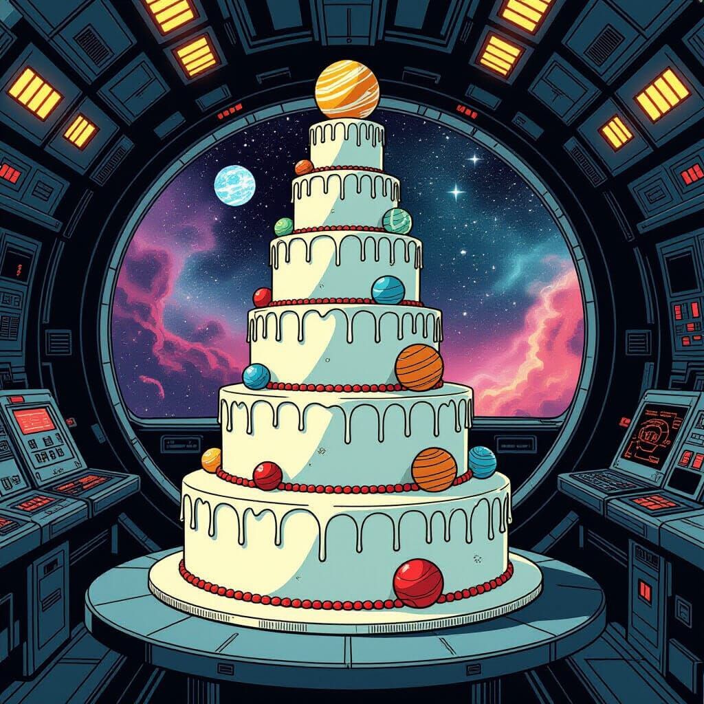 Majestic Celestial Cake in Retro-Futuristic Cockpit