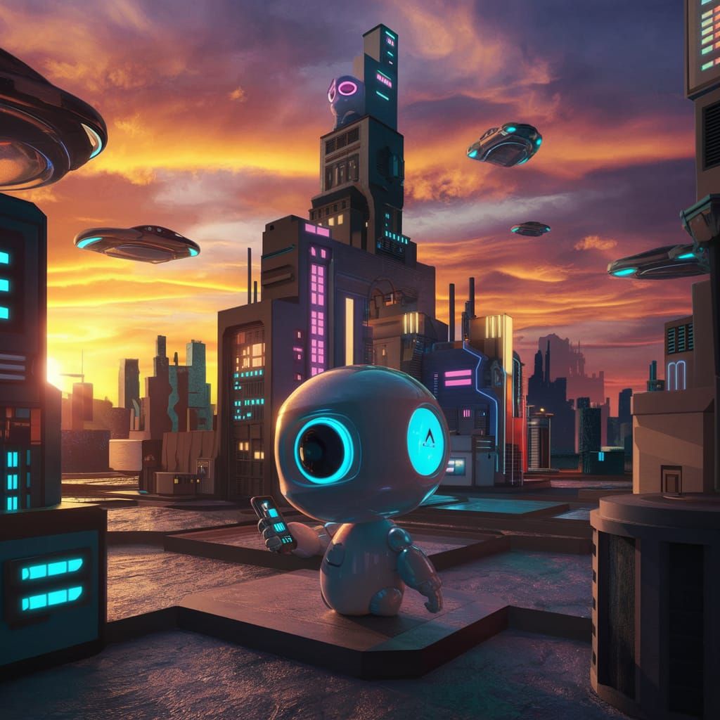 Futuristic Cartoon City at Sunset with AI Robot
