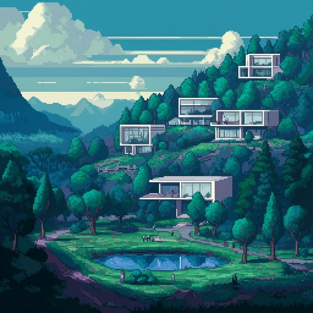 Pixel Art Park with Minimalist Valley Mansions