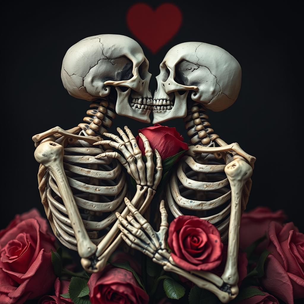 Skeletons Kissing: Lovers Tarot Card with Roses