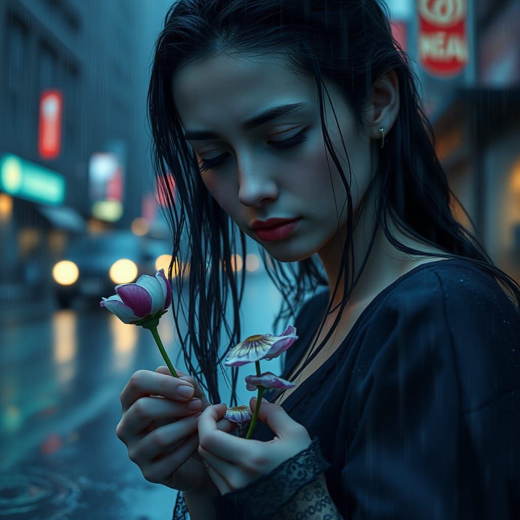 Sorrowful Woman in Rain with Broken Flower