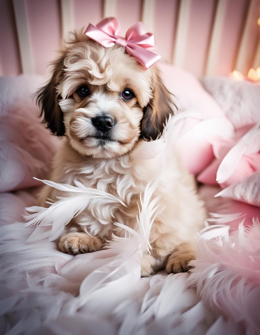 Guilty Shihpoo Puppy in Feathered Bed, Cinematic Still