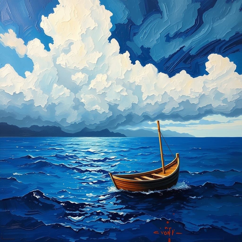 Wooden Boat on Stormy Sea: Neo-Impressionist Oil Painting