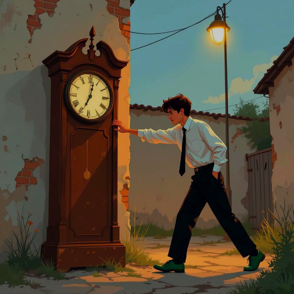 Dusk Scene: Boy, Clock, and Streetlamp