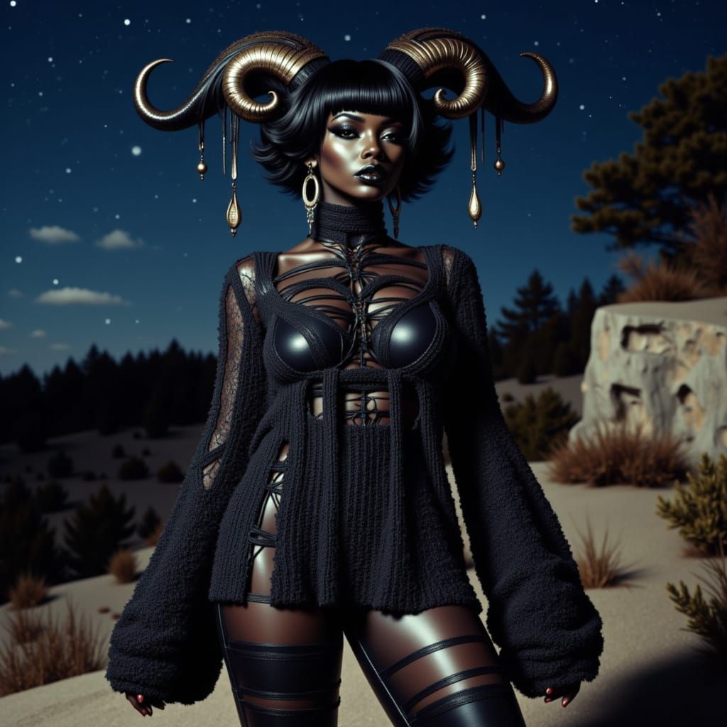 Goth-Punk Woman with Bull Horns at Night