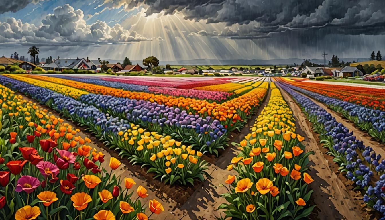 Carlsbad California flower fields in bloom. Cloudy stormy weather with sun trying to shine through clouds. Vibrant radia...
