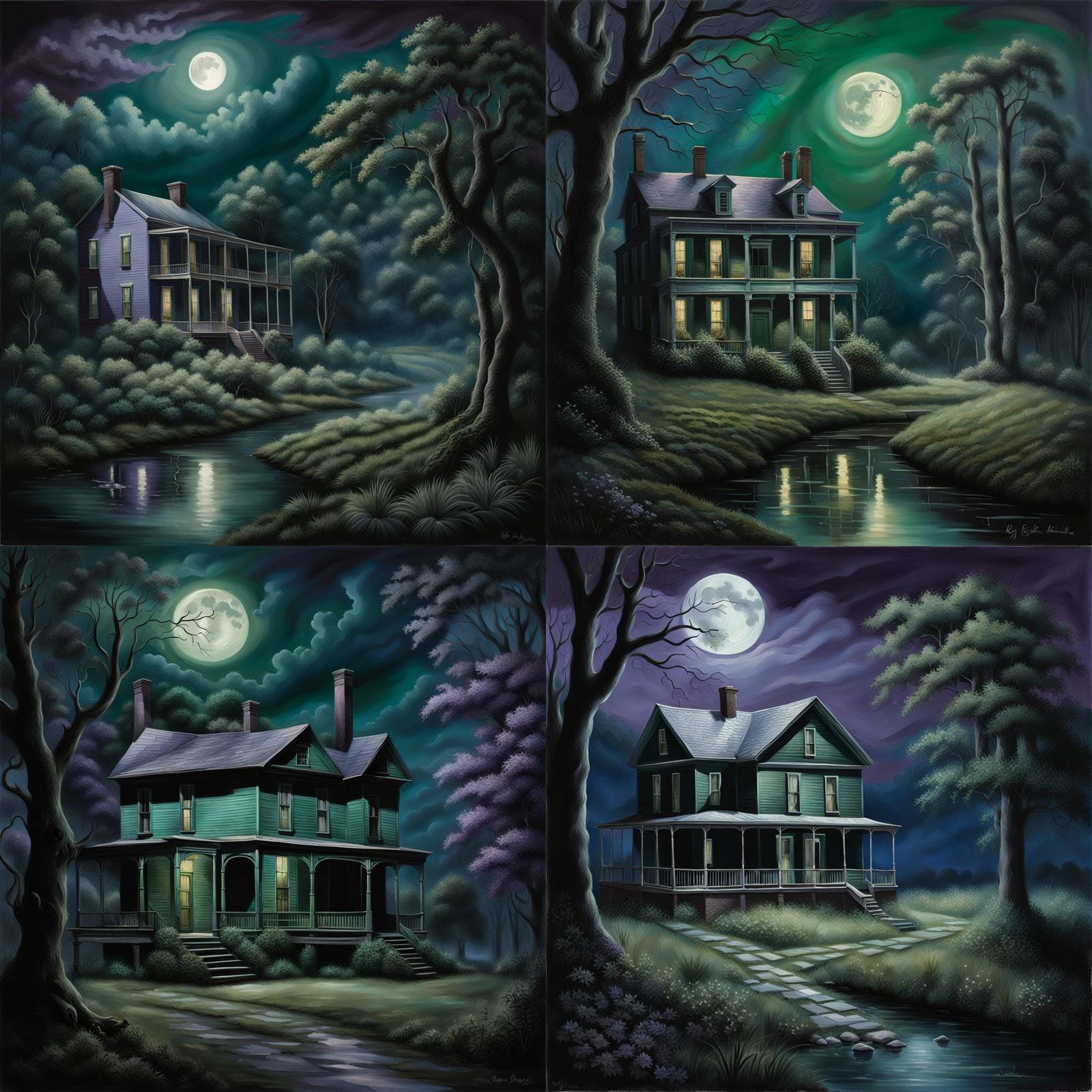 Photo realistic landscape of an old moonlit southern swap. Beautiful and eerie in dark greens, blues, smoky purples, and...