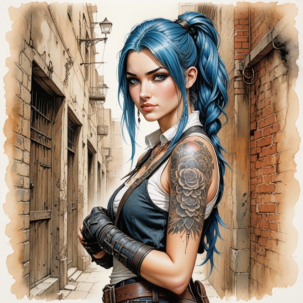 Street Brawler Teenage Girl in Ink and Watercolor Style