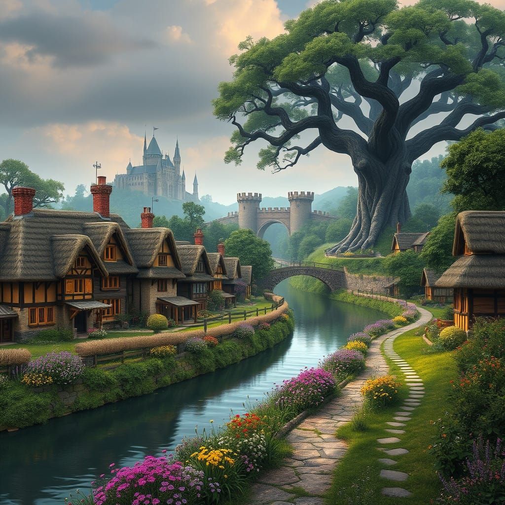 Quaint Thatched Roof Village Amidst a Winding Canal in Fanta...