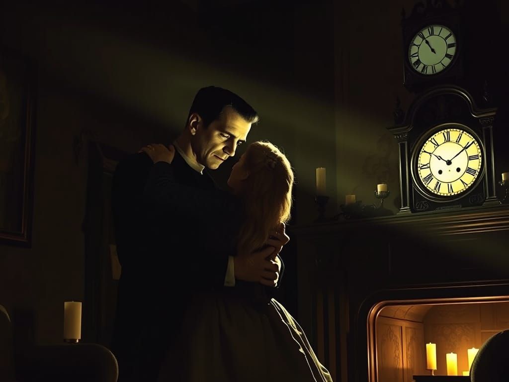 Frankenstein and Wife Embrace at Midnight in Gothic Living R...
