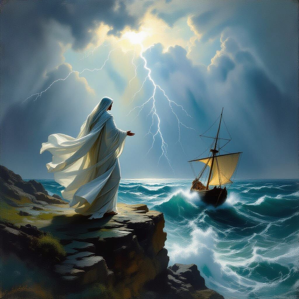 Divine Figure Overlooking Stormy Sea in Romantic Style