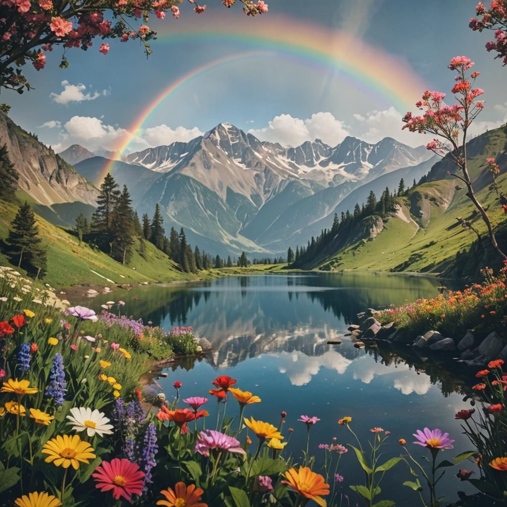 Double Exposure Rainbow Over Mountain Landscape