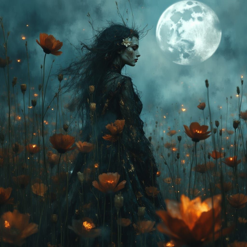 Ghostly Scarecrow Queen in Moonlit Pumpkin Field