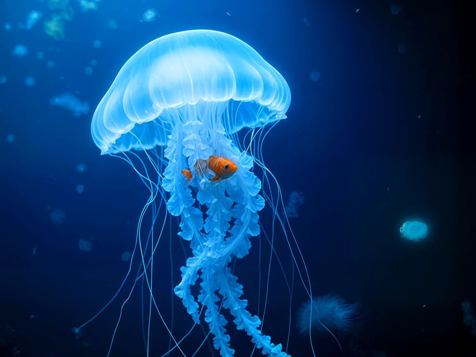 Giant Glowing Jellyfish Embraces Fish in Deep Blue