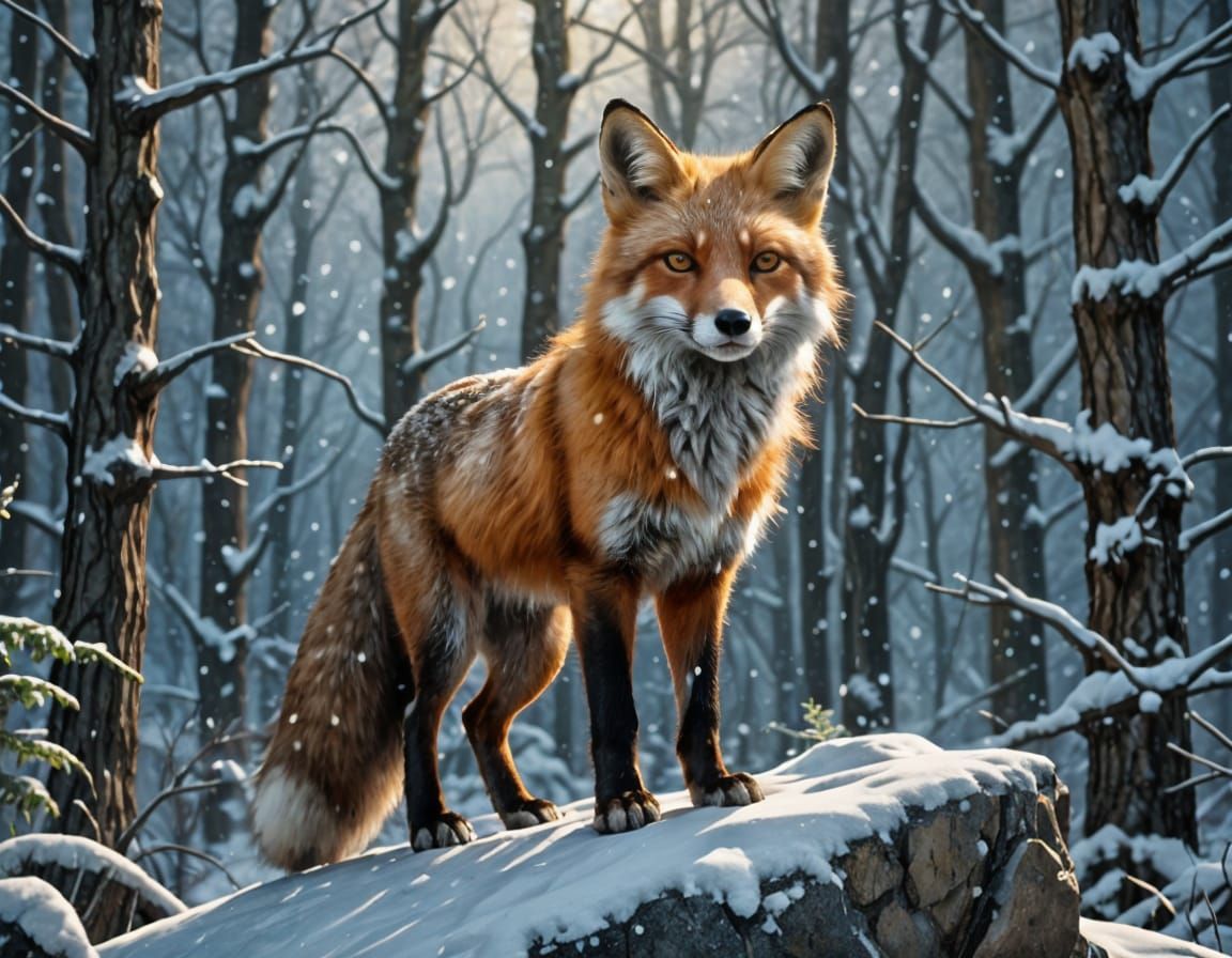Red Fox in Snowy Forest, Glossy Cartoon Style