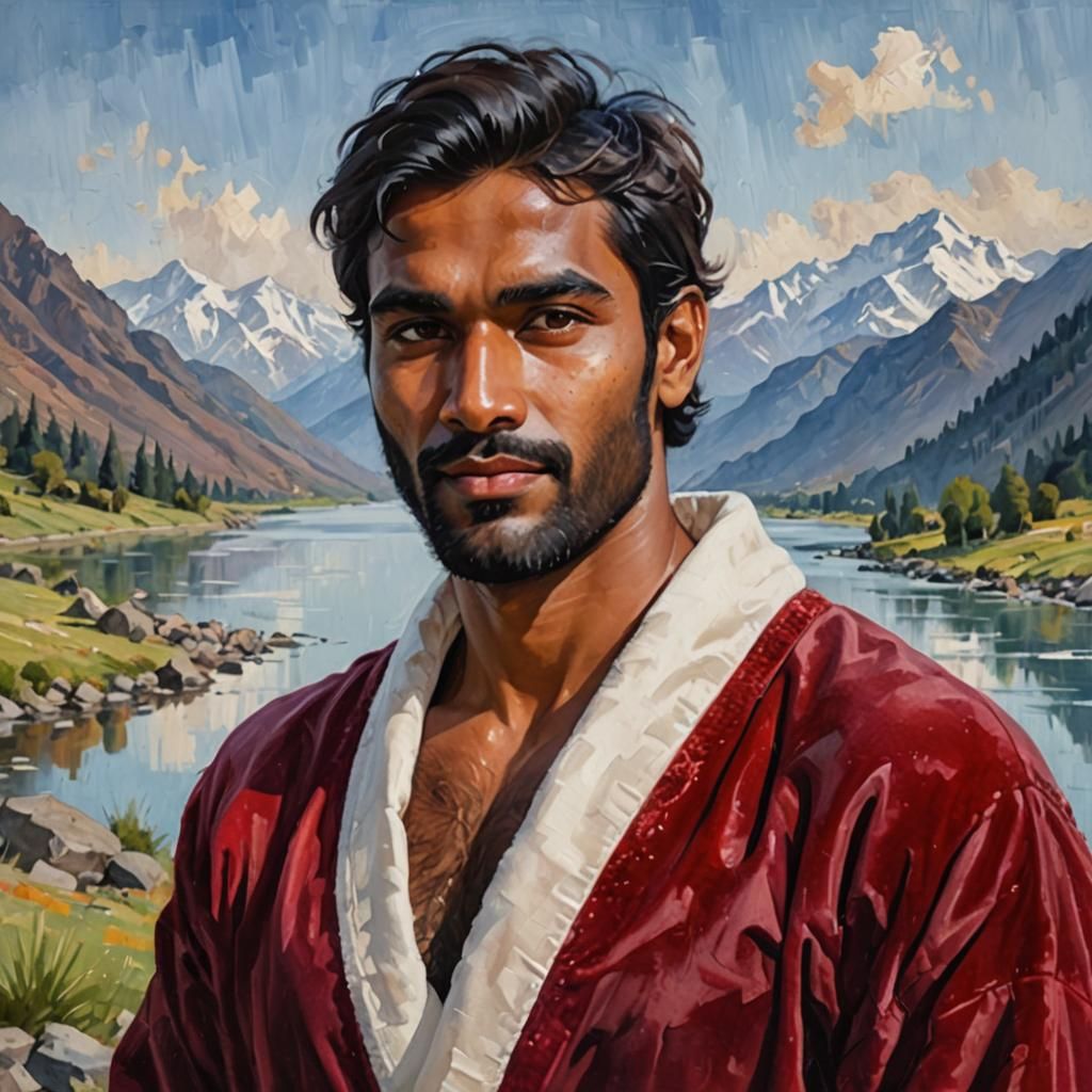 Pensive Man in Red Velvet Bathrobe: Impressionist Oil Painti...