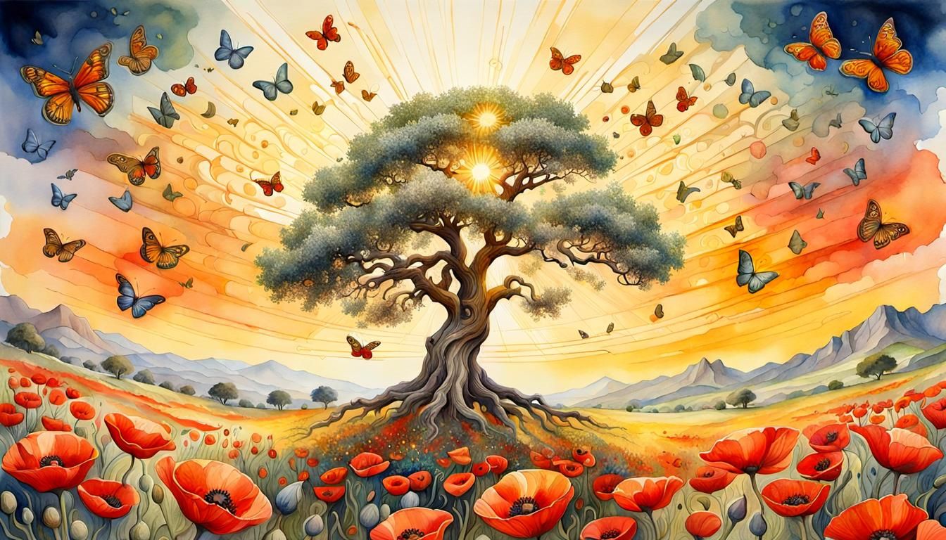 Olive Tree Among Poppies: A Watercolor Painting
