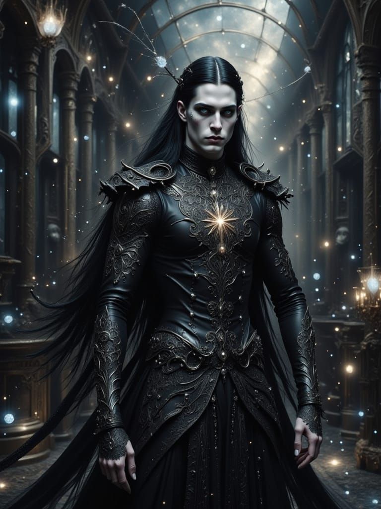 Shimmering Goth Woman in Gothic Mansion Hall