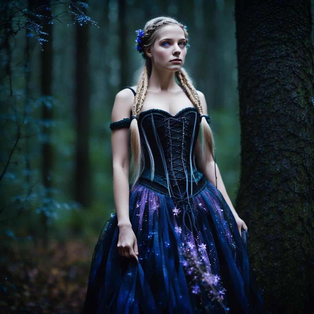 Norwegian Witch in Forest at Night: Art Nouveau Style