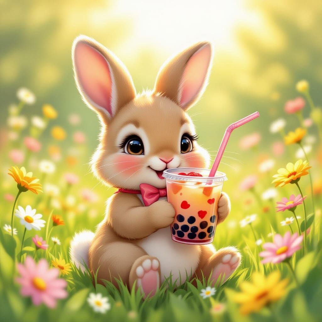 Cute Bunny Holding Boba Tea in Wildflower Meadow