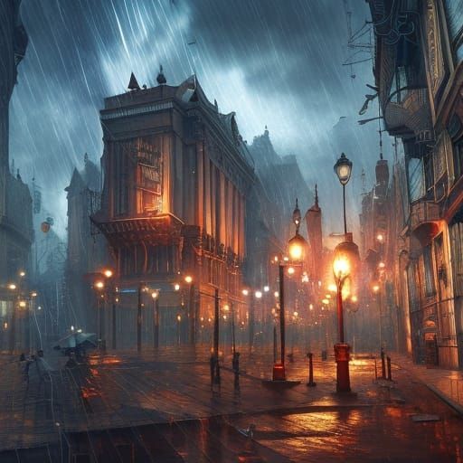 Steampunk City in Rain, Digital Art