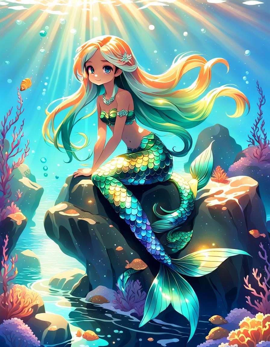 Anime-Inspired Mermaid Sits on Ocean Rock