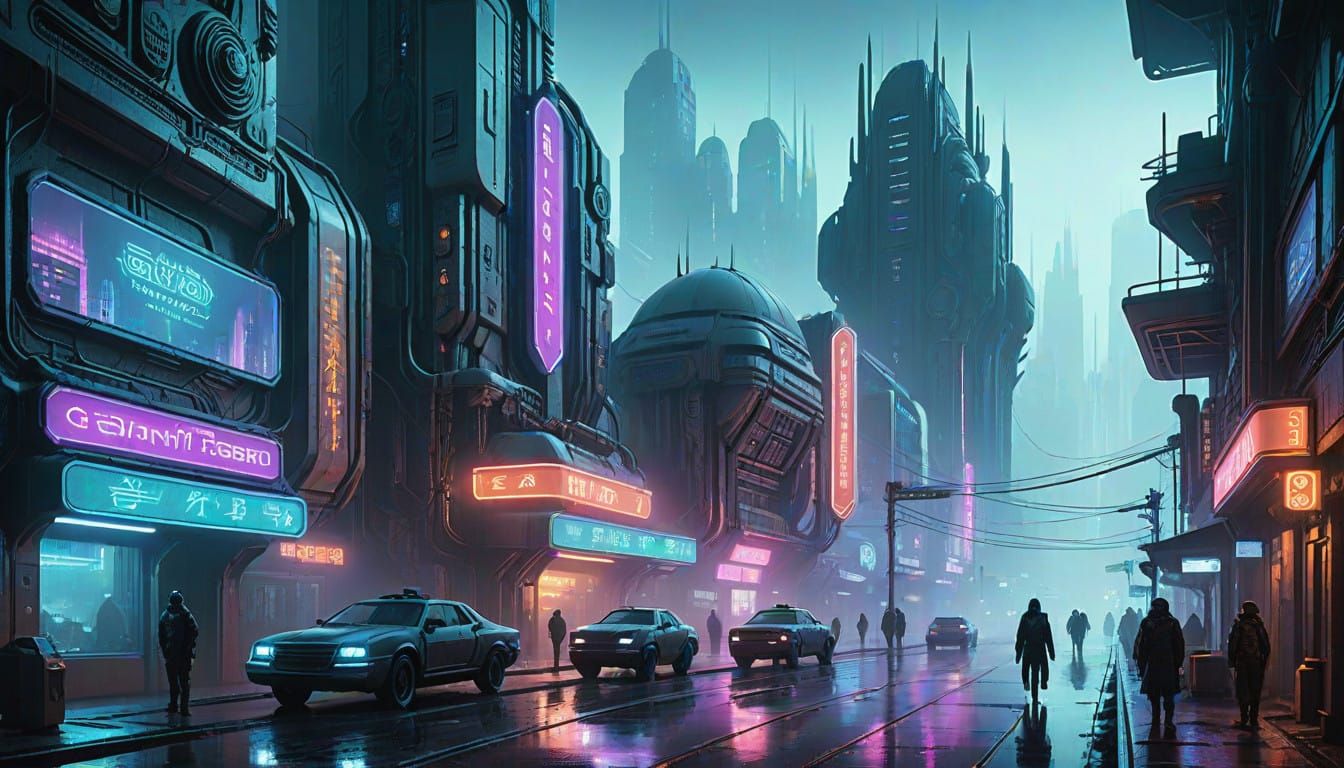 Gritty Cyberpunk Cityscape by Syd Mead and H.R. Giger