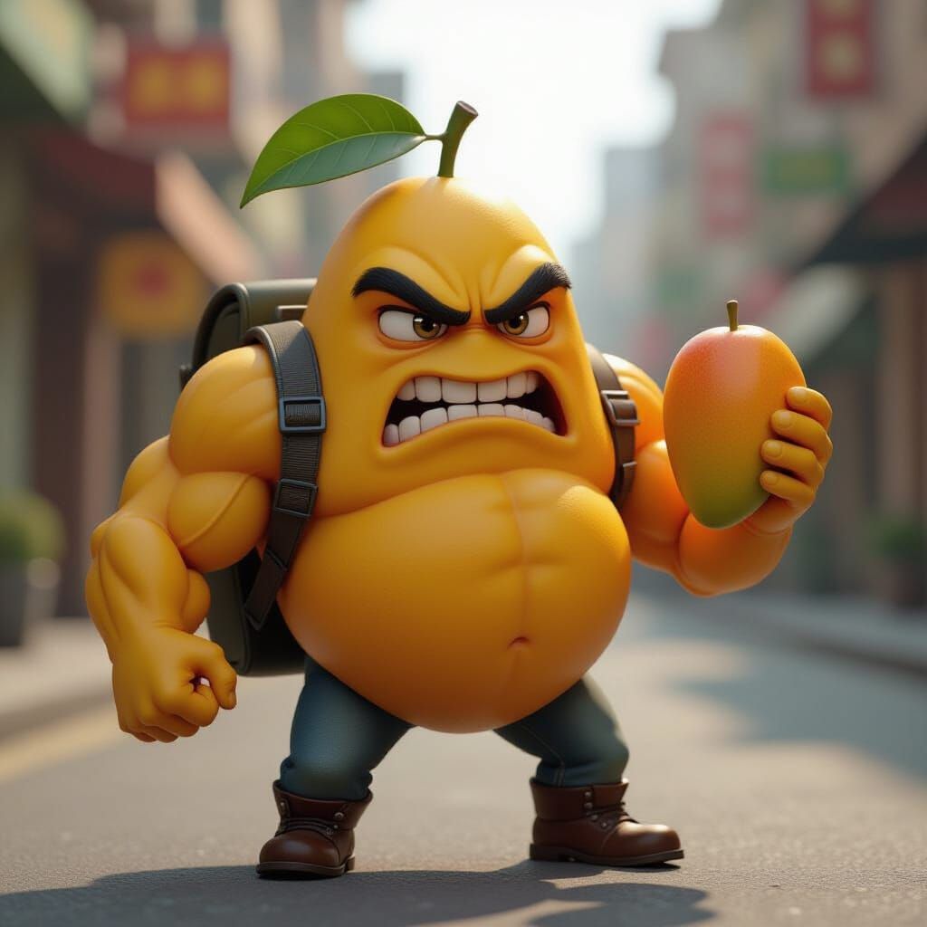 Muscular Mango Character with Backpack and Mango