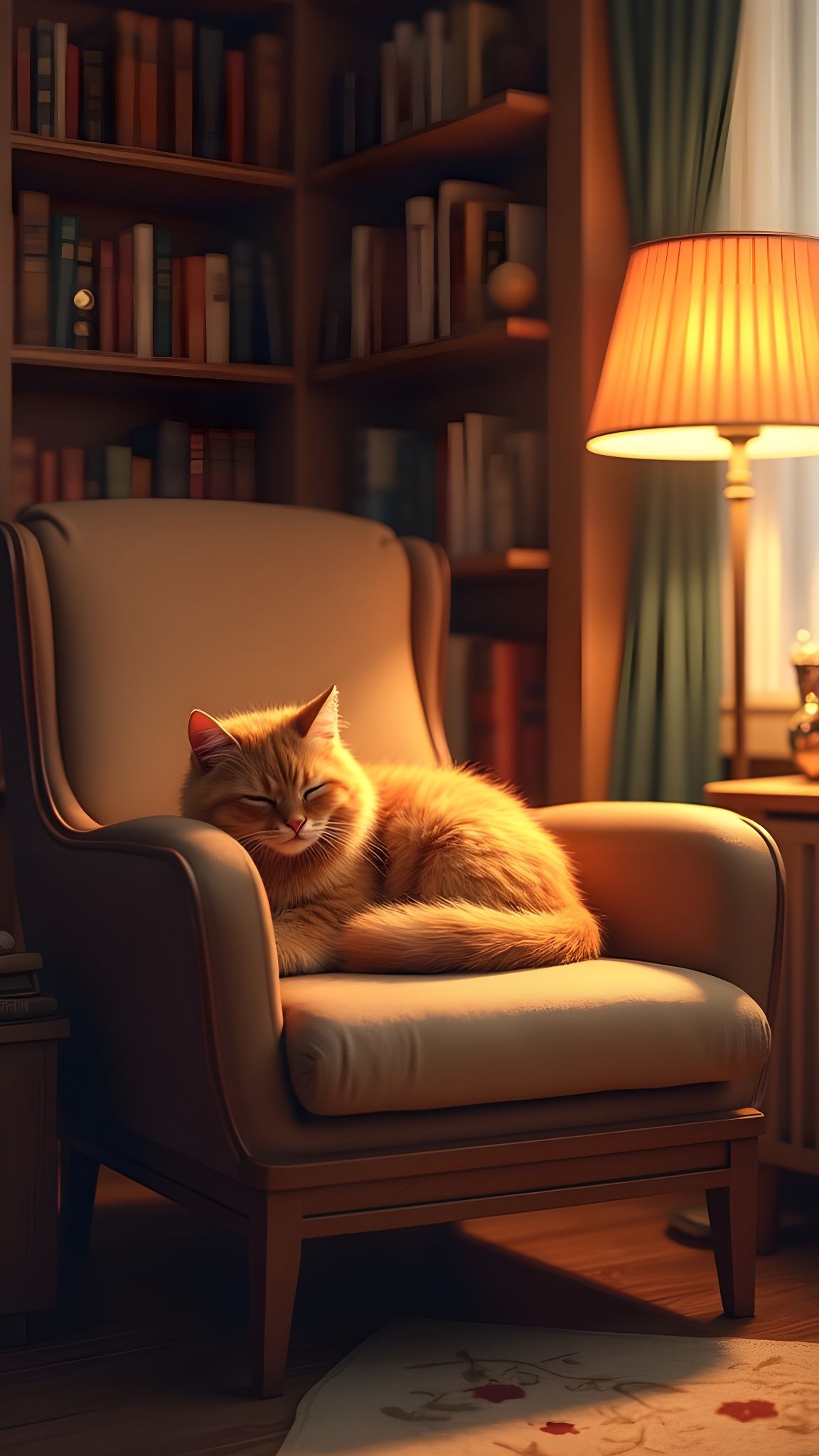 Cozy Reading Corner with Sleeping Cat, Digital Art