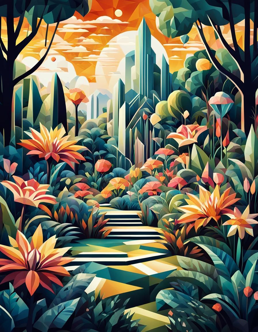 Garden of Eden in Cubist Art Deco Style