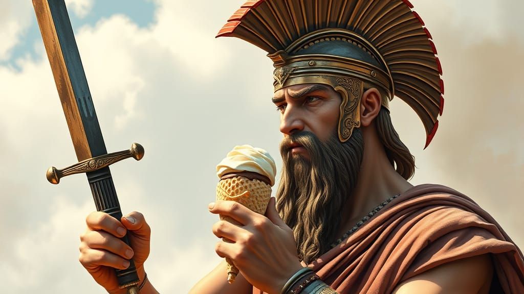 Ancient Greek Warrior Enjoys Ice Cream