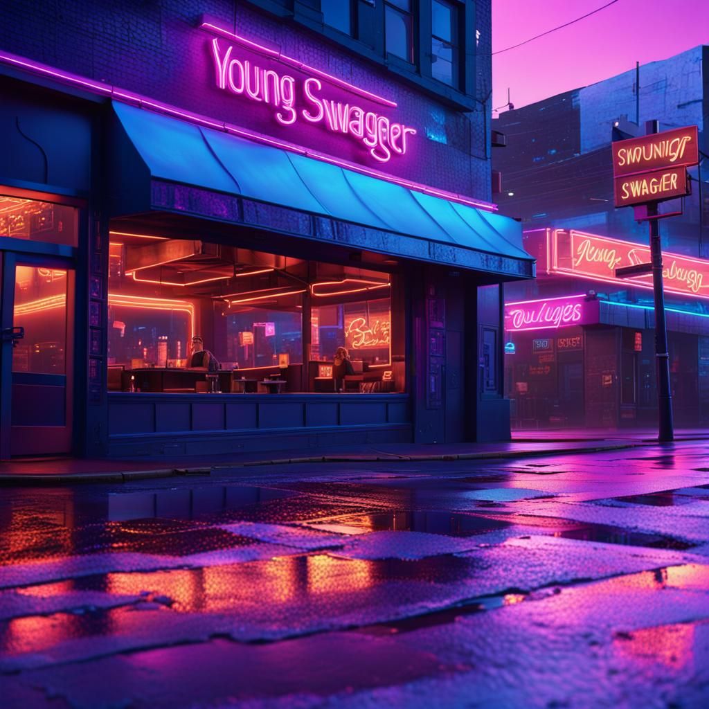 Restaurant 'Young Swagger' in Neon Lights, Cinematic Style